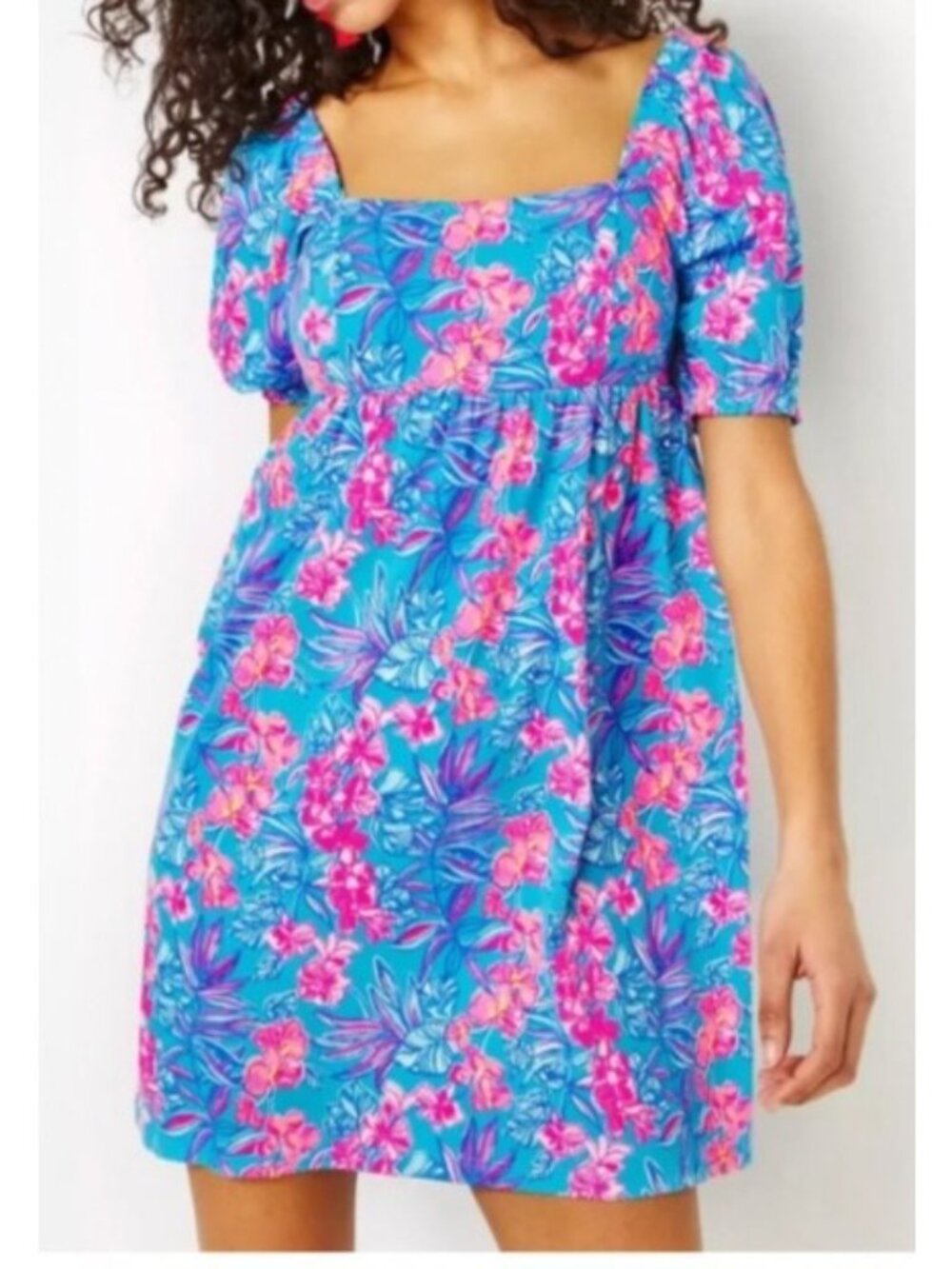 Lilly Pulitzer Women's Sz 10 Delaney Blue & Pink Floral Puff Sleeve Mini Dress